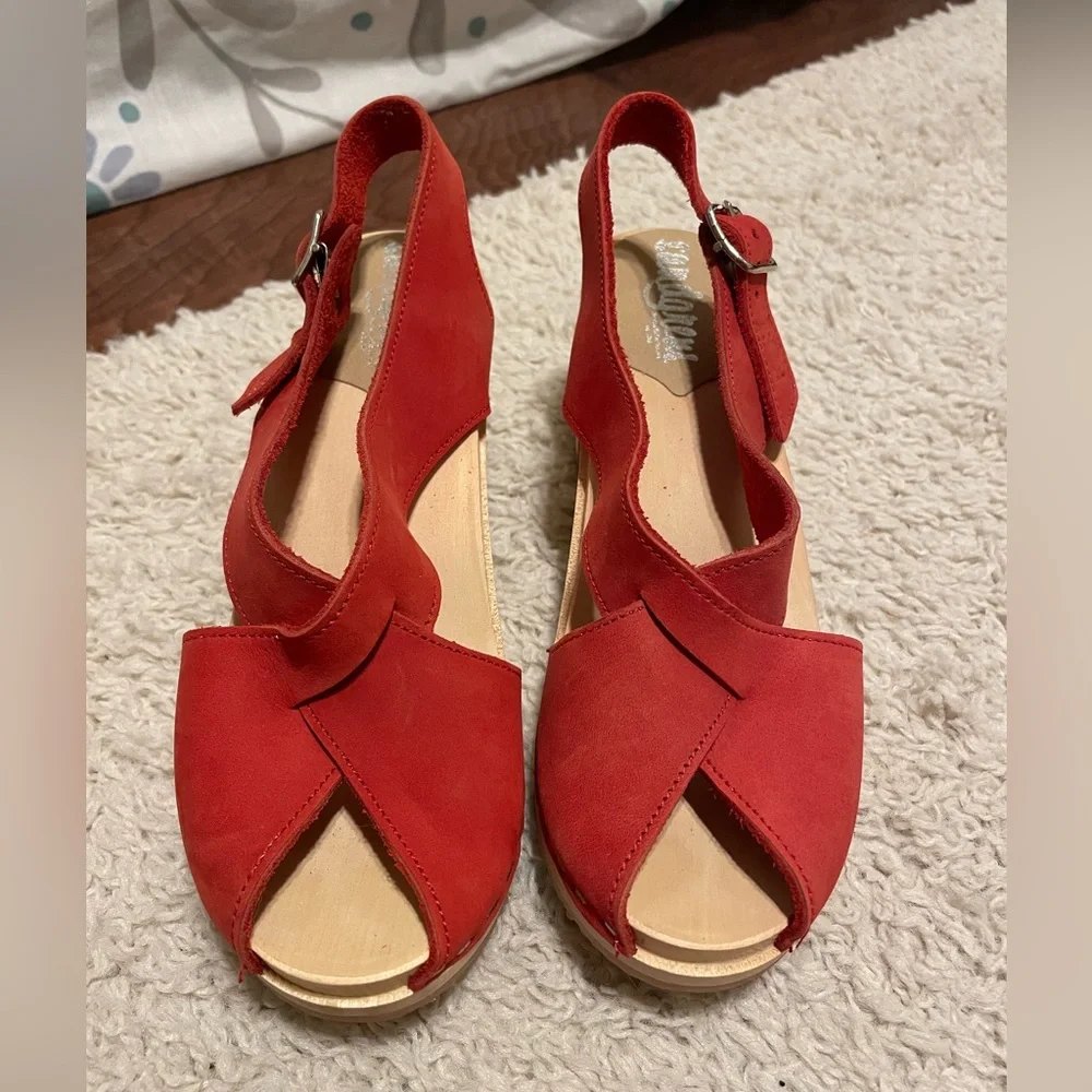 Sandgren Clog Sandals Red Nubuck Leather - Picture 2 of 12